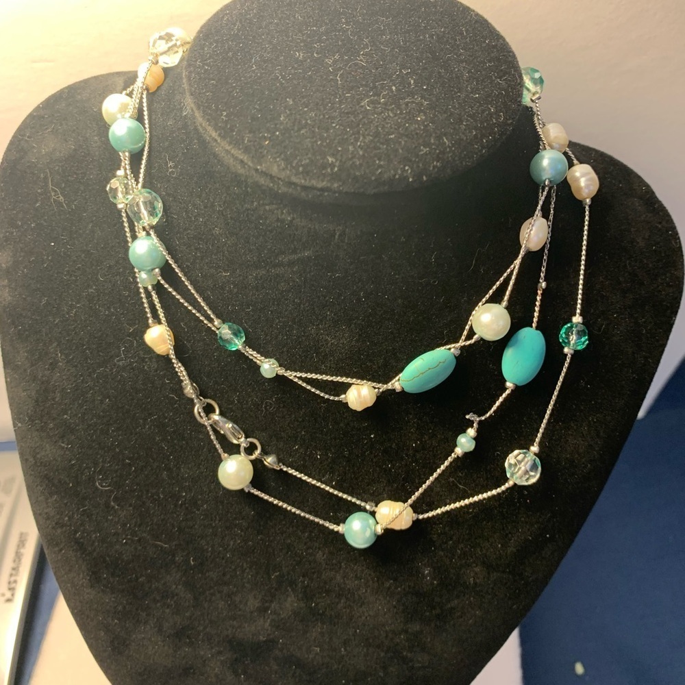 54 Inch Silver Tone Necklace with White & Blue Crystals, Faux Pearls & Beads - Picture 2 of 2